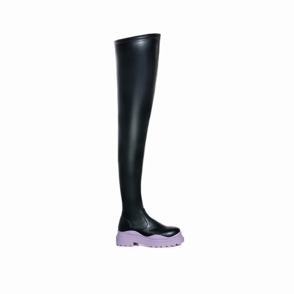 Faux leather Sexy Black and Lilac thigh high stretch boot size 8.5